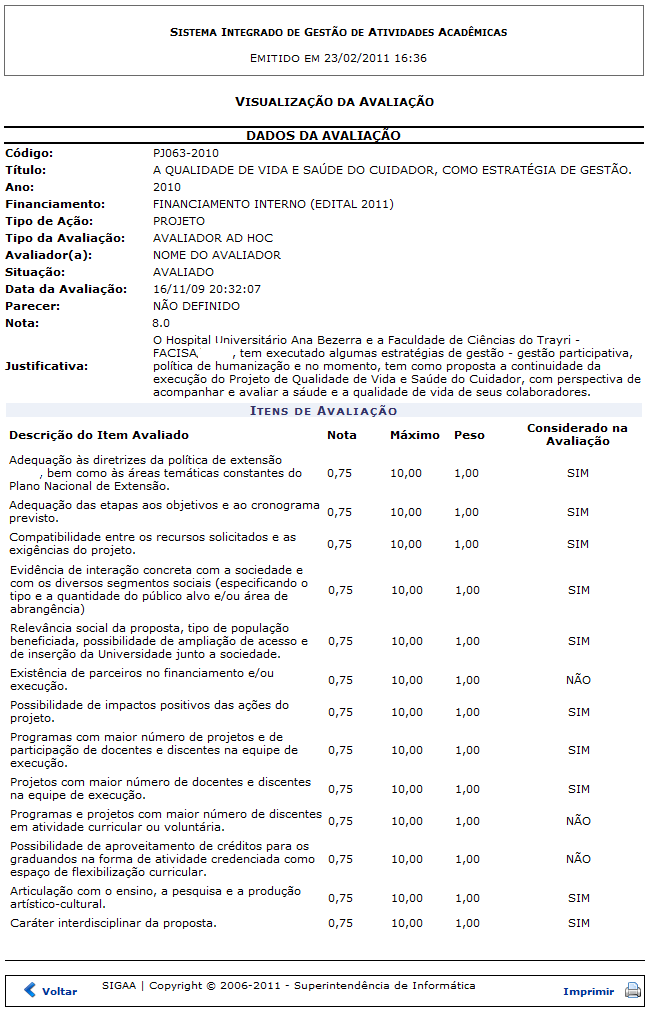 Figura 4: Visualização da Avaliação