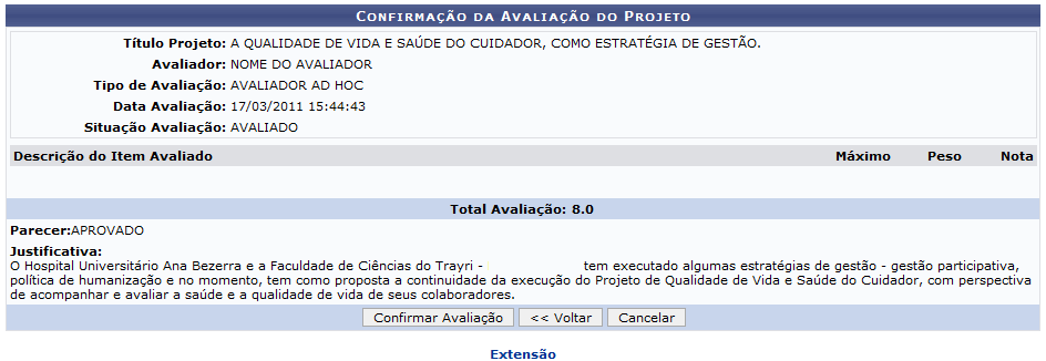 Figura 7: Confirmação da Avaliação do Projeto