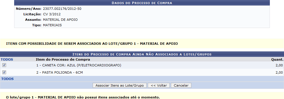 Figura 4: Dados do Processo de Compra; Itens do Processo de Compra Ainda Não Associados a Lotes/Grupos